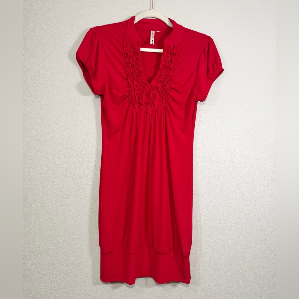 Vintage Y2K Heart Soul Dress Ruffe V-Neck Short Sleeve Elastic Hem Red Women M